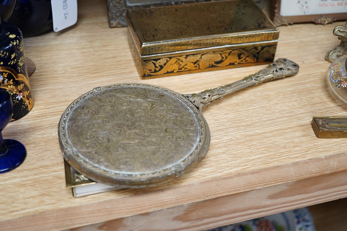 A group of brass and other metalware including an easel, various boxes, mirror etc.(9).
